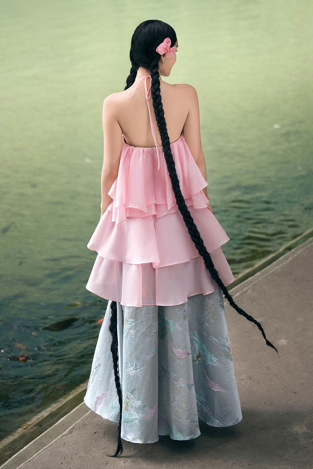 Nhat Lan Layered Backless Brocade Organza Floor Length Dress