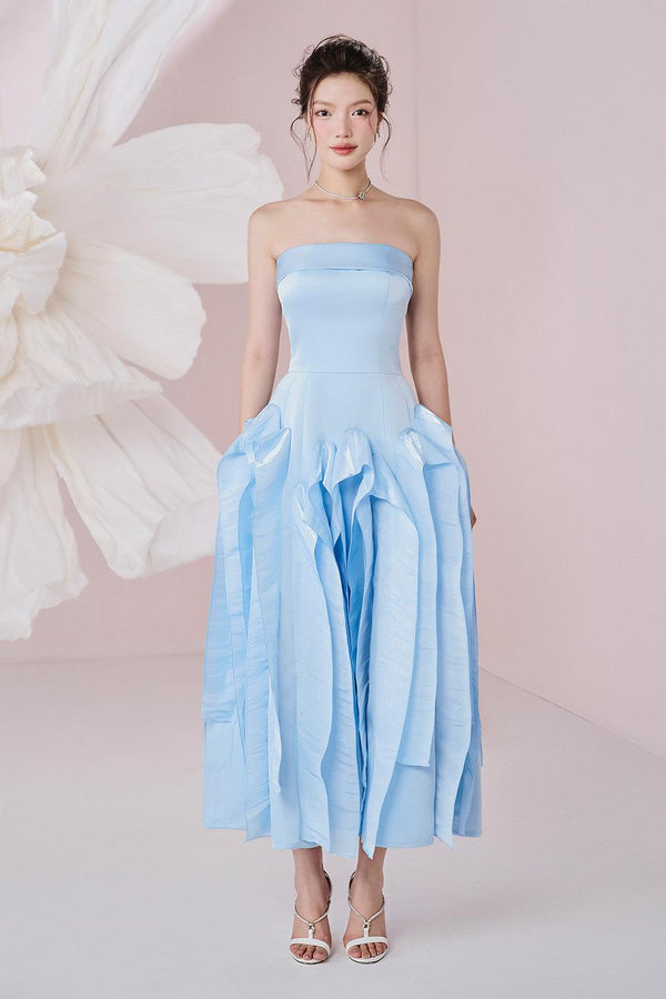 Oceania Strapless Extended Flap Silk Blend Midi Dress