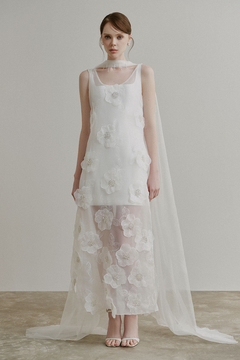 Phoebe A-line Flower Applique Organza Ankle Length Dress