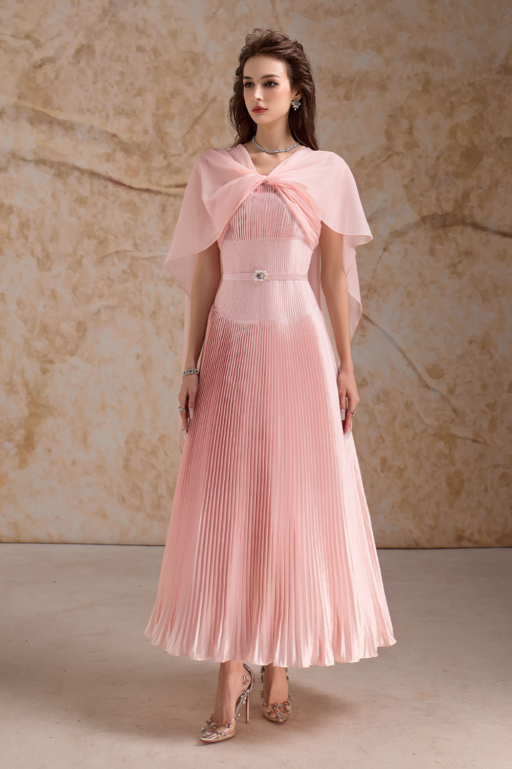 Rosaline Pleated Cape Sleeved Poly Organza Ankle Length Dress
