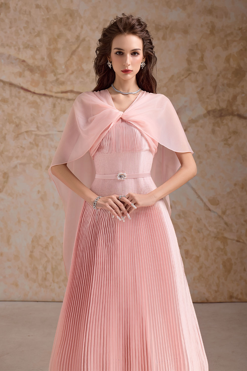 Rosaline Pleated Cape Sleeved Poly Organza Ankle Length Dress