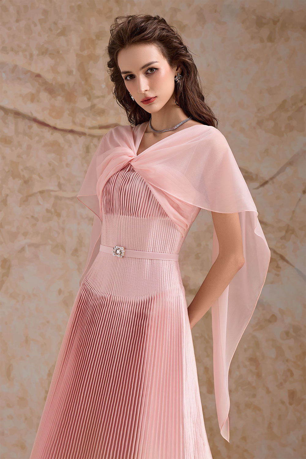 Rosaline Pleated Cape Sleeved Poly Organza Ankle Length Dress
