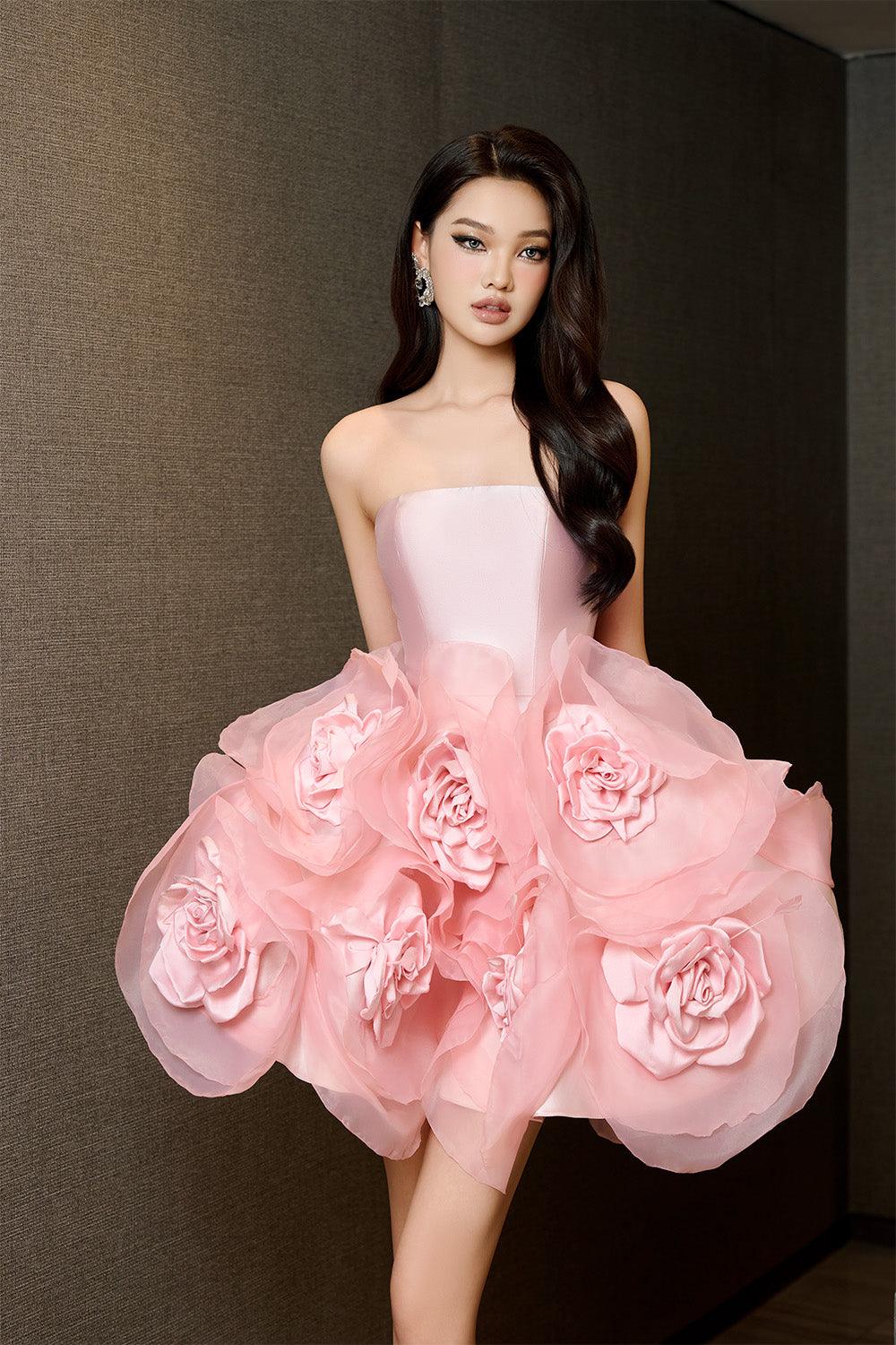 Royal Rhapsody Puffy Straight Across Neck Mesh Taffeta Mini Dress