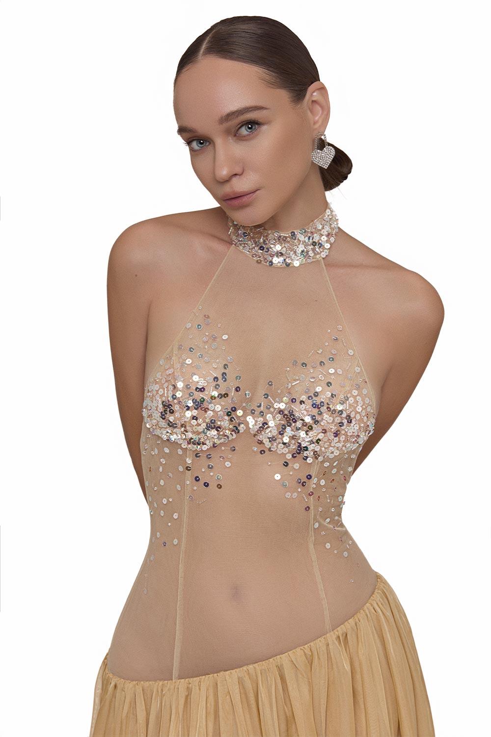 Lana Gathered See-Through Chiffon Floor Length Dress