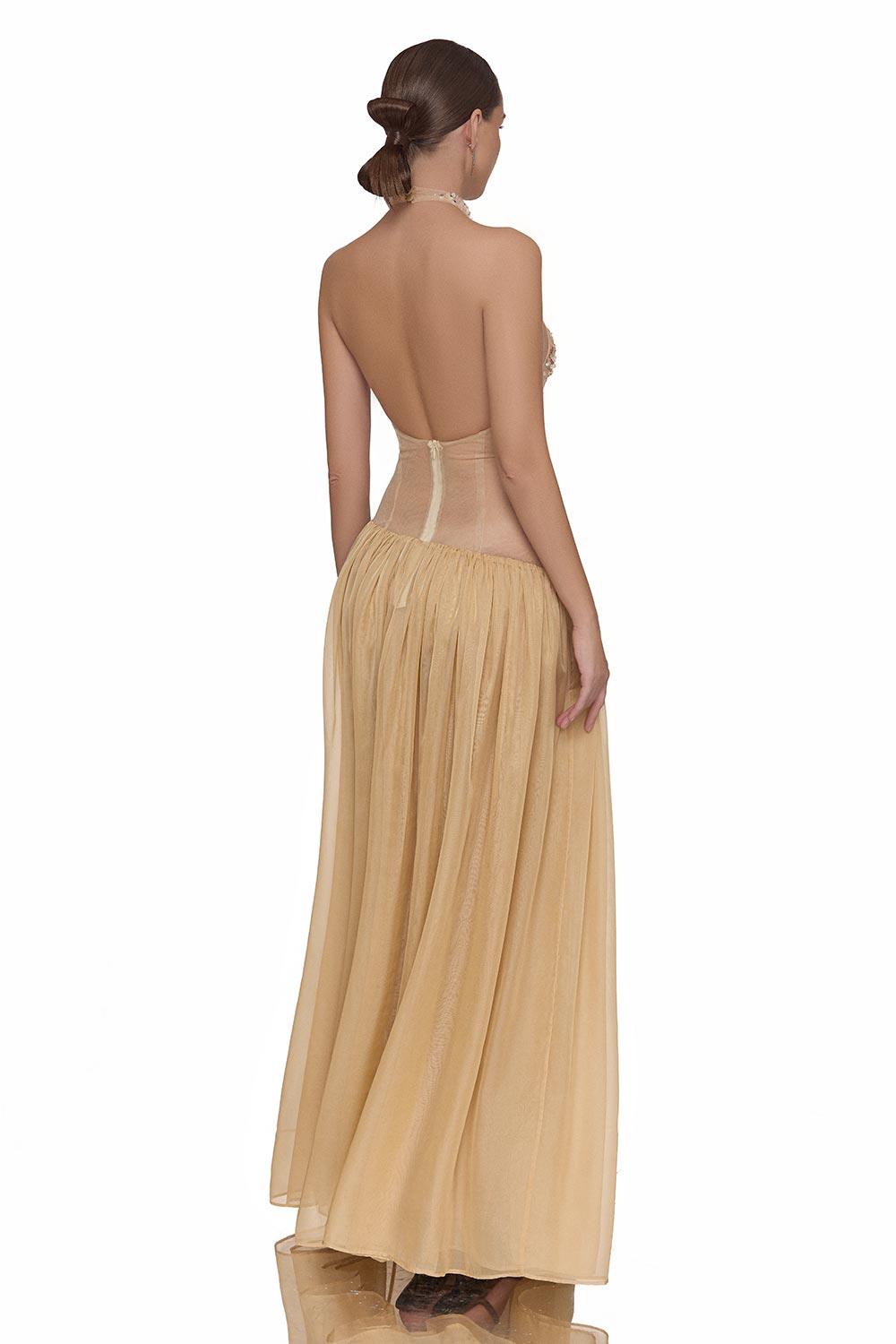 Lana Gathered See-Through Chiffon Floor Length Dress