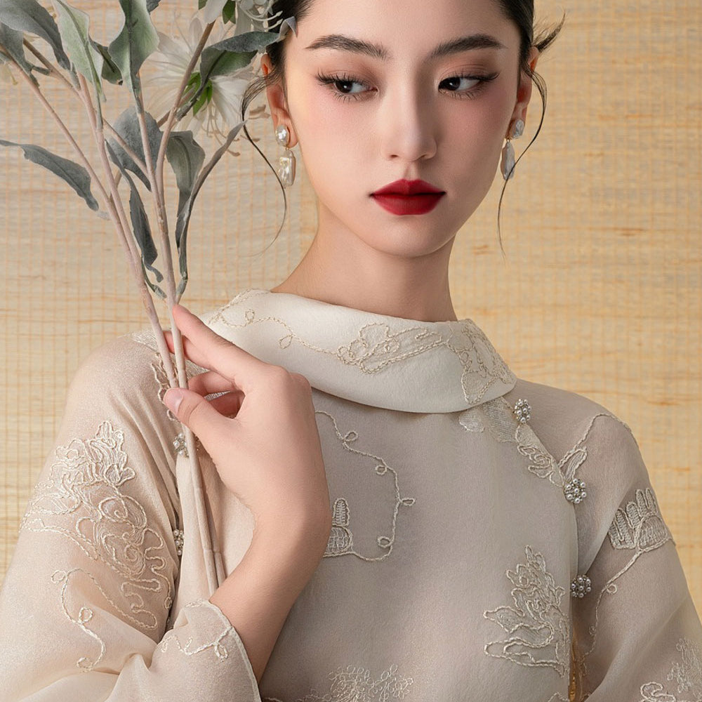 Yen Nha A-line Embroidered Silk Floor Length Ao Dai Set