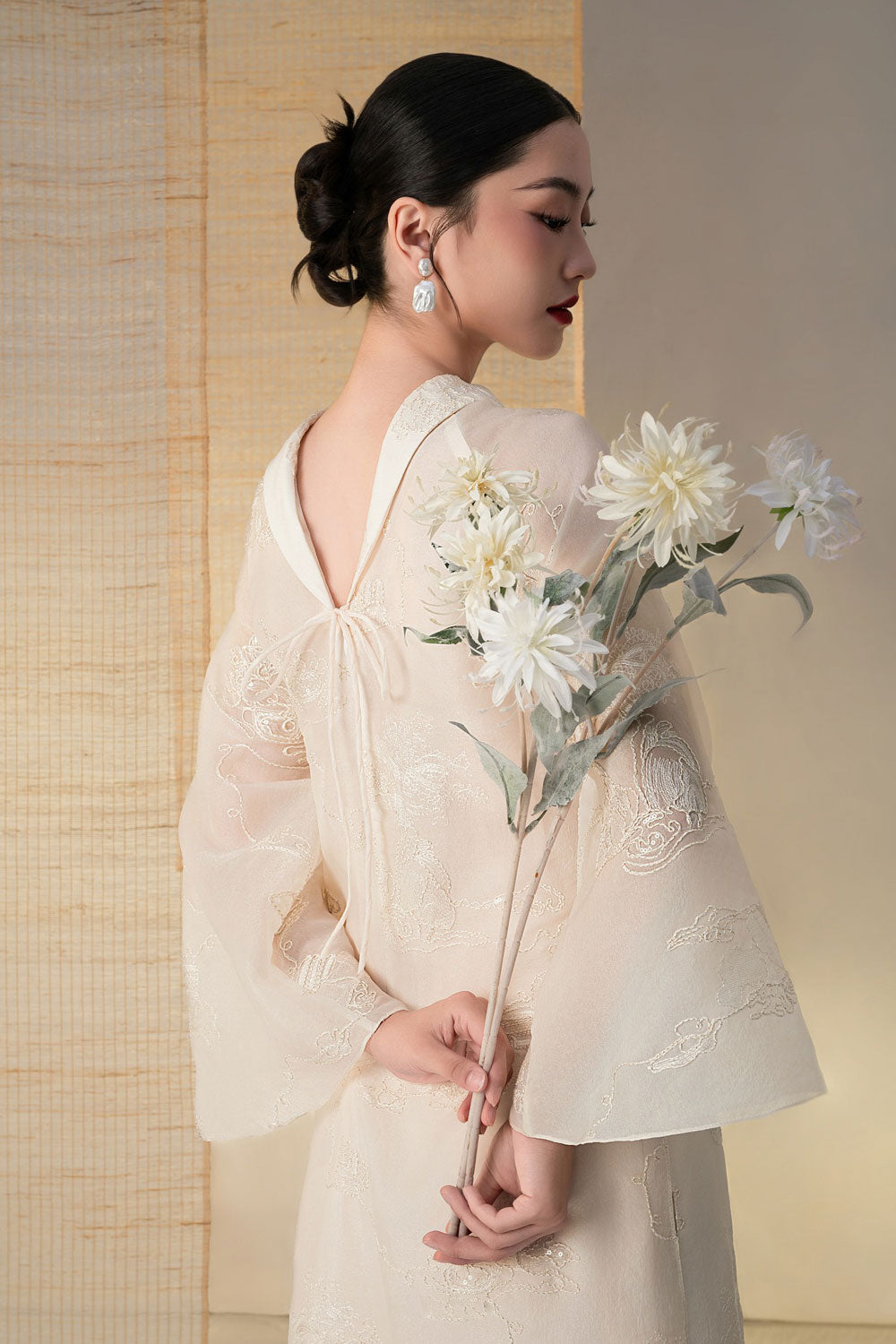 Yen Nha A-line Embroidered Silk Floor Length Ao Dai Set