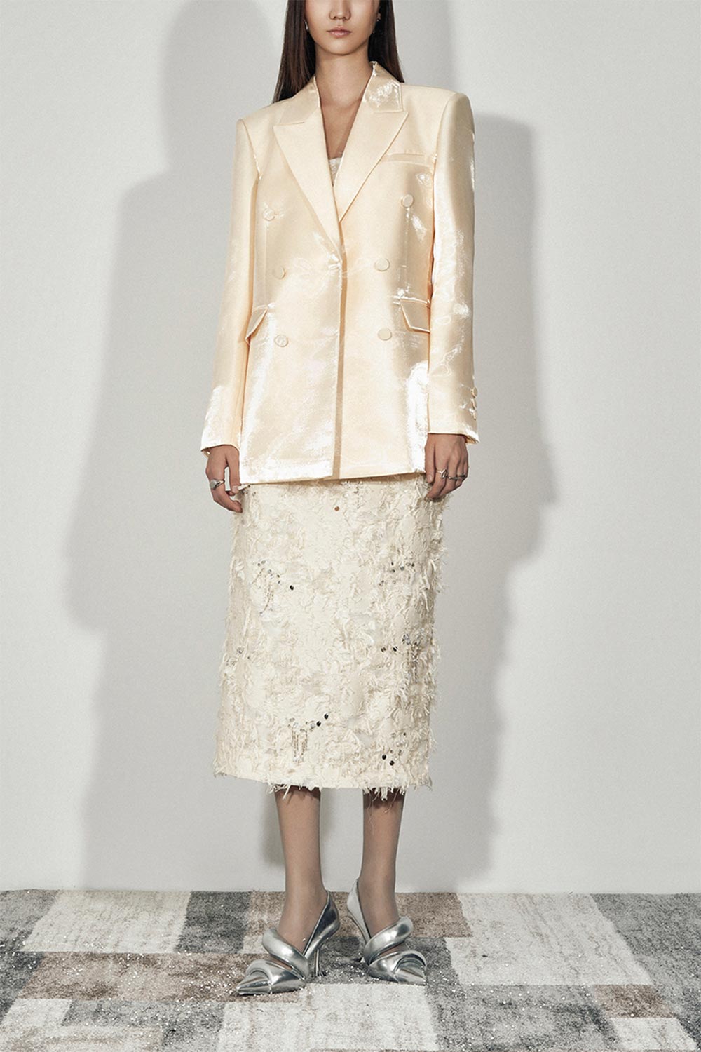 Farley Straight Feather Taffeta Midi Skirt