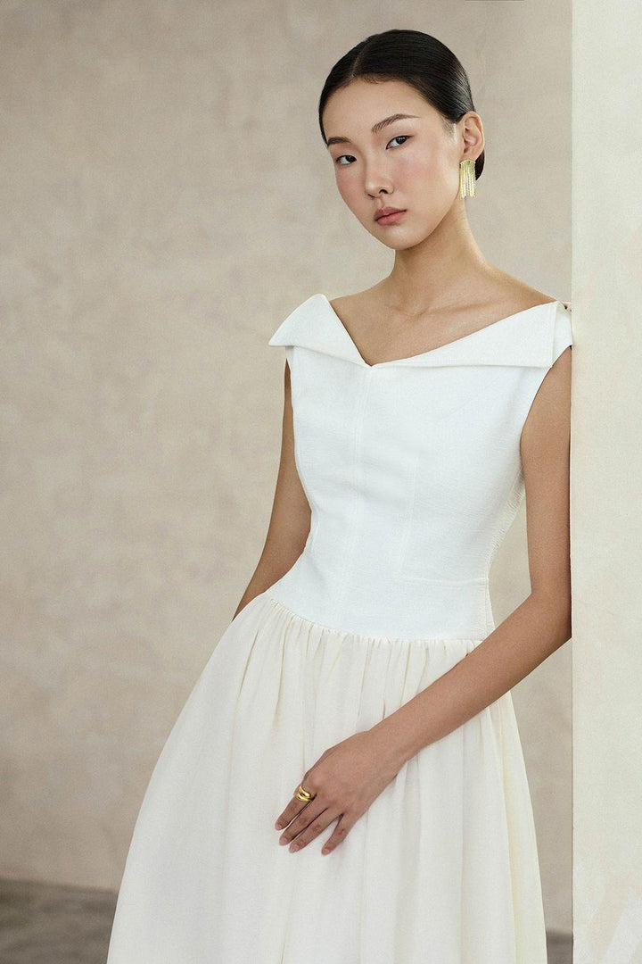 Hira A-line Sailor Collar Neck Silk Crepe Ankle Length Dress - MEAN BLVD