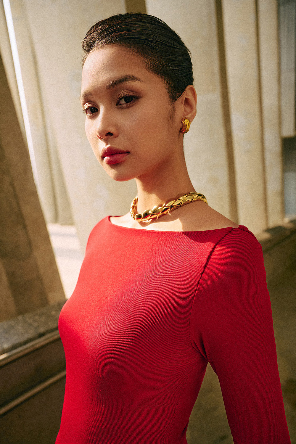 jersey knit asymmetrical draped maxi dress Women's Scarlett Asymmetric Draped Jersey Maxi Dress S/M/L/XL/Customize Red/Steel Blue MEAN BLVD Steel Blue / Customize