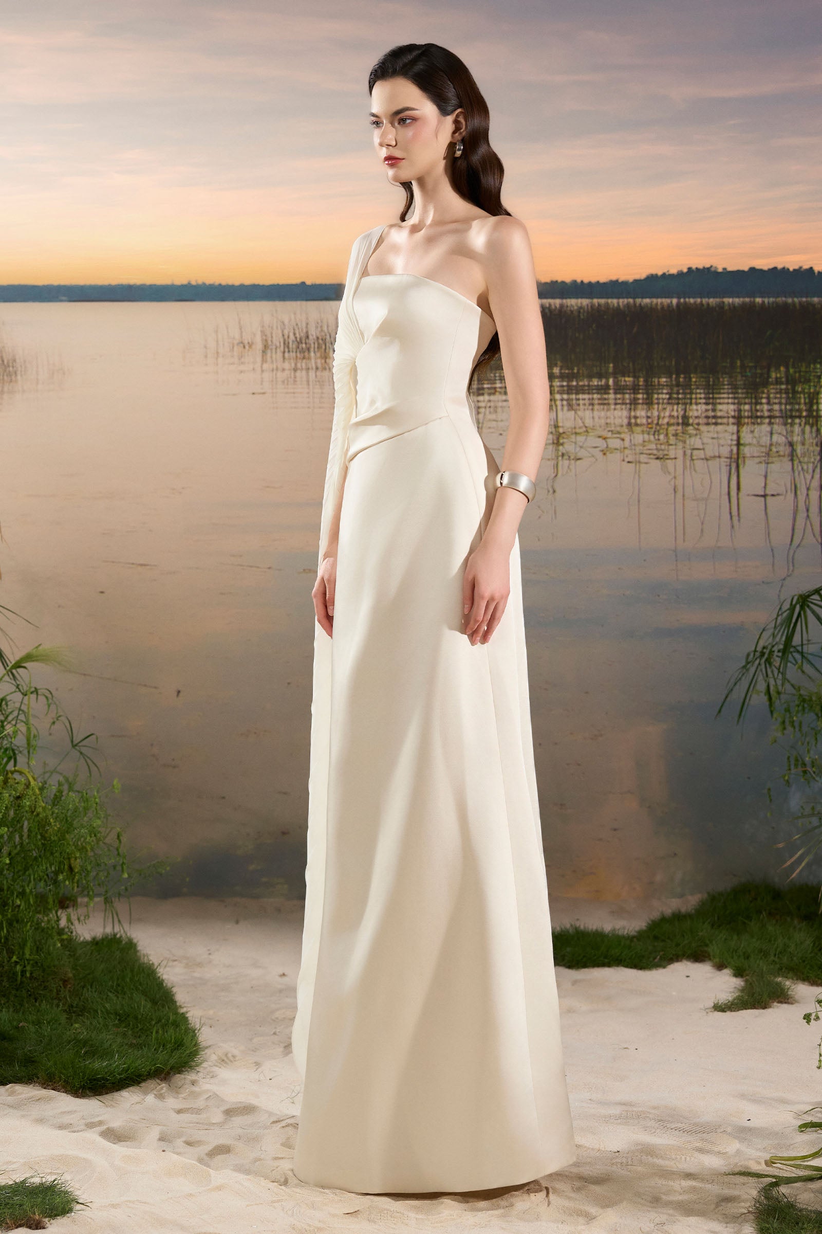 Zina Asymmetric Sleeve Maxi Dress
