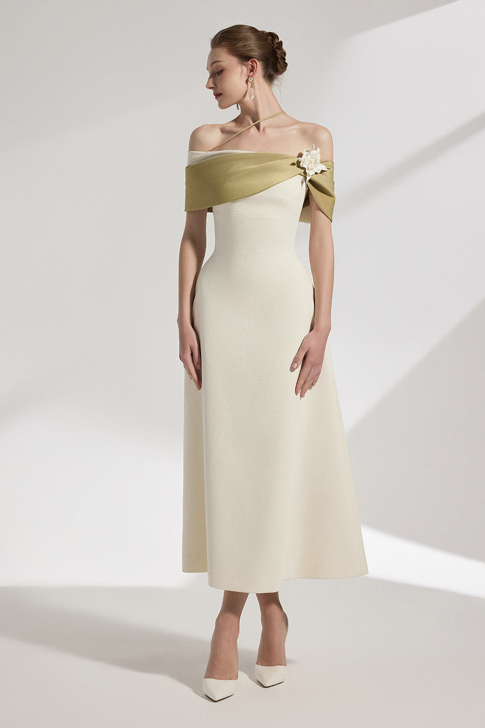 Sylva A-line Open Shoulder Cotton Crepe Midi Dress