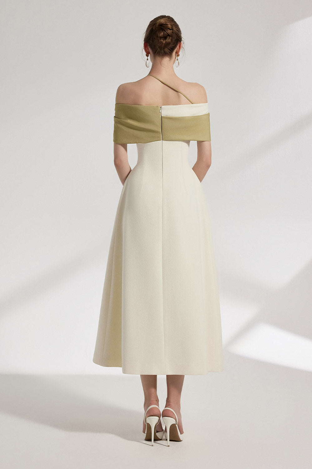 Sylva A-line Open Shoulder Cotton Crepe Midi Dress