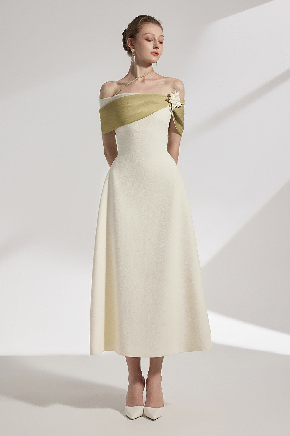Sylva A-line Open Shoulder Cotton Crepe Midi Dress Avocado Cream / XS