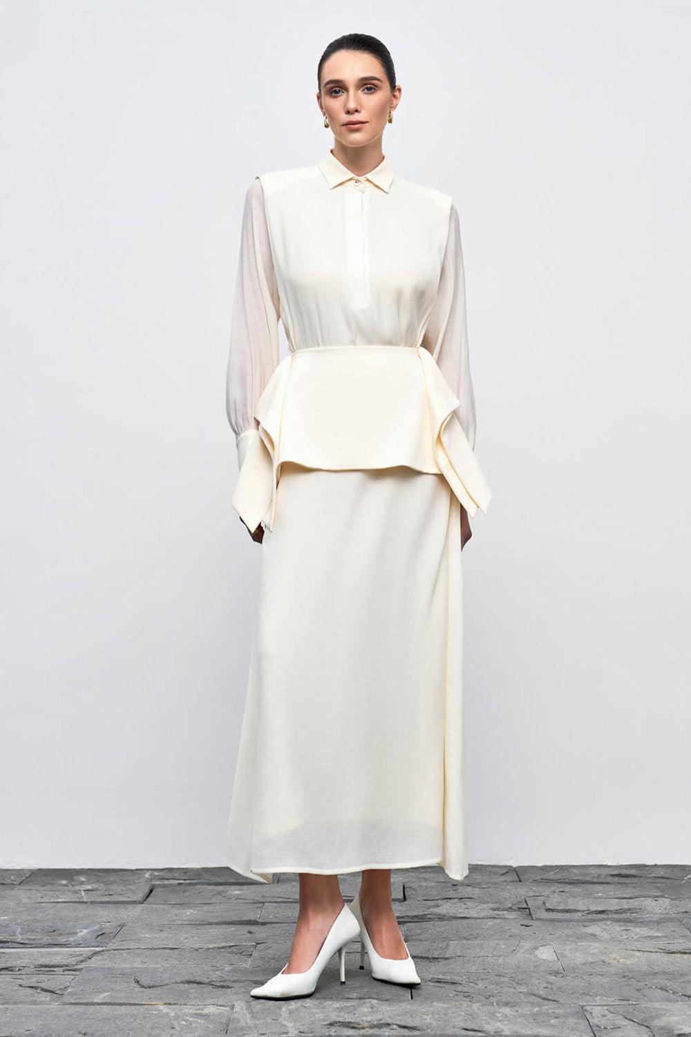 Ophelia Peplum Cuff Sleeved Crinkle Chiffon Ankle Length Dress