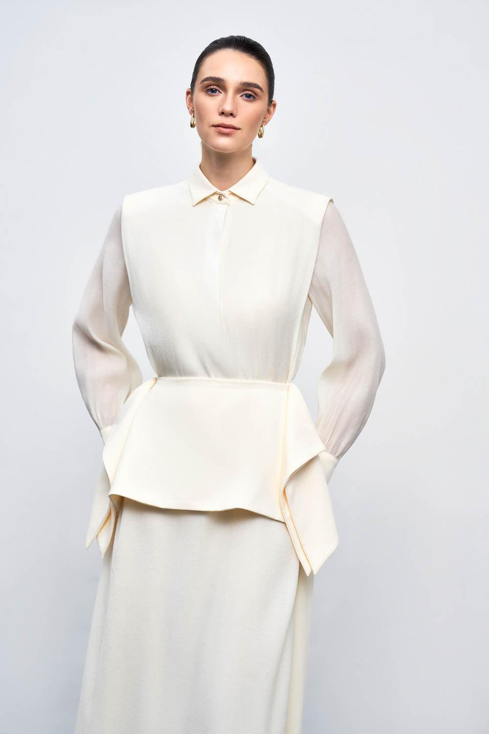 Ophelia Peplum Cuff Sleeved Crinkle Chiffon Ankle Length Dress