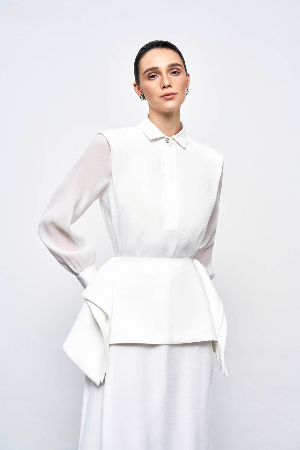 Ophelia Peplum Cuff Sleeved Crinkle Chiffon Ankle Length Dress