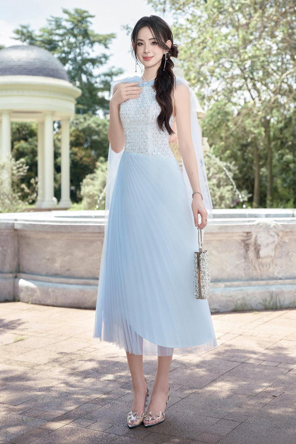 Jasmine Pleated Sleeveless Mesh Taffeta Midi Dress