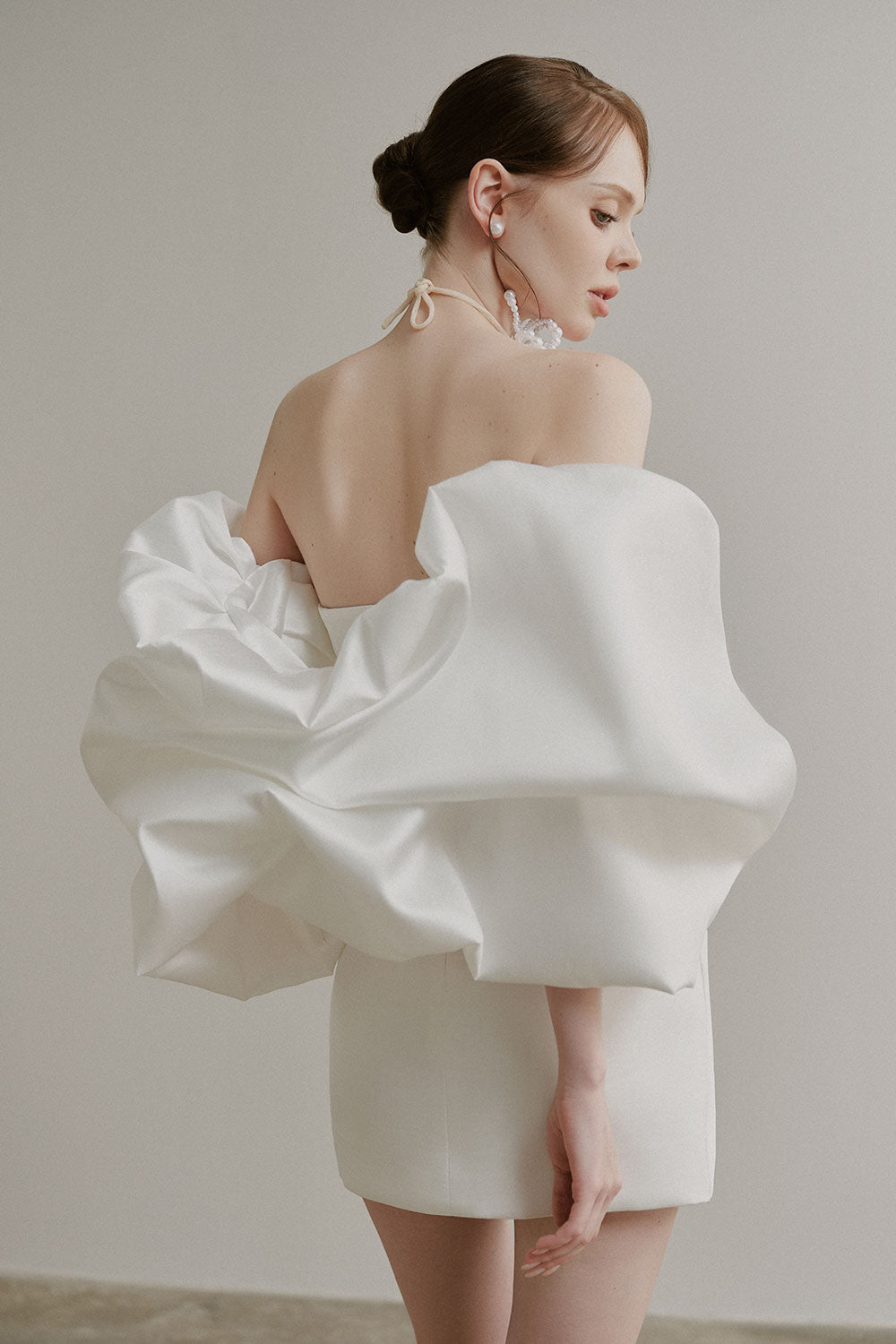 Women's Melanie A-Line Open Shoulder Duchess Satin Mini Dress S/M/L/Customize Off White Mean Blvd Off White / L Women's Melanie A-Line Open Shoulder Duchess Satin Mini Dress S/M/L/Customize Off White Mean Blvd Off White / L