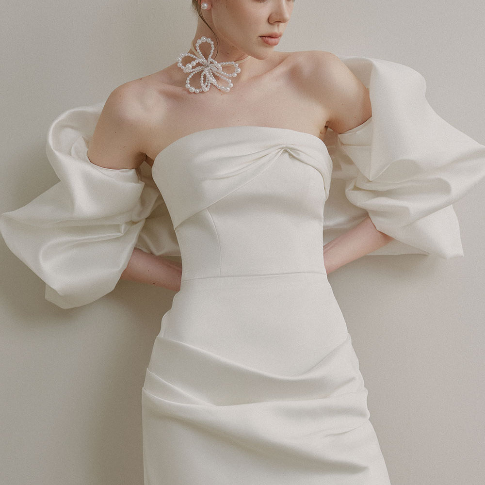 Melanie A-line Open Shoulder Duchess Satin Mini Dress