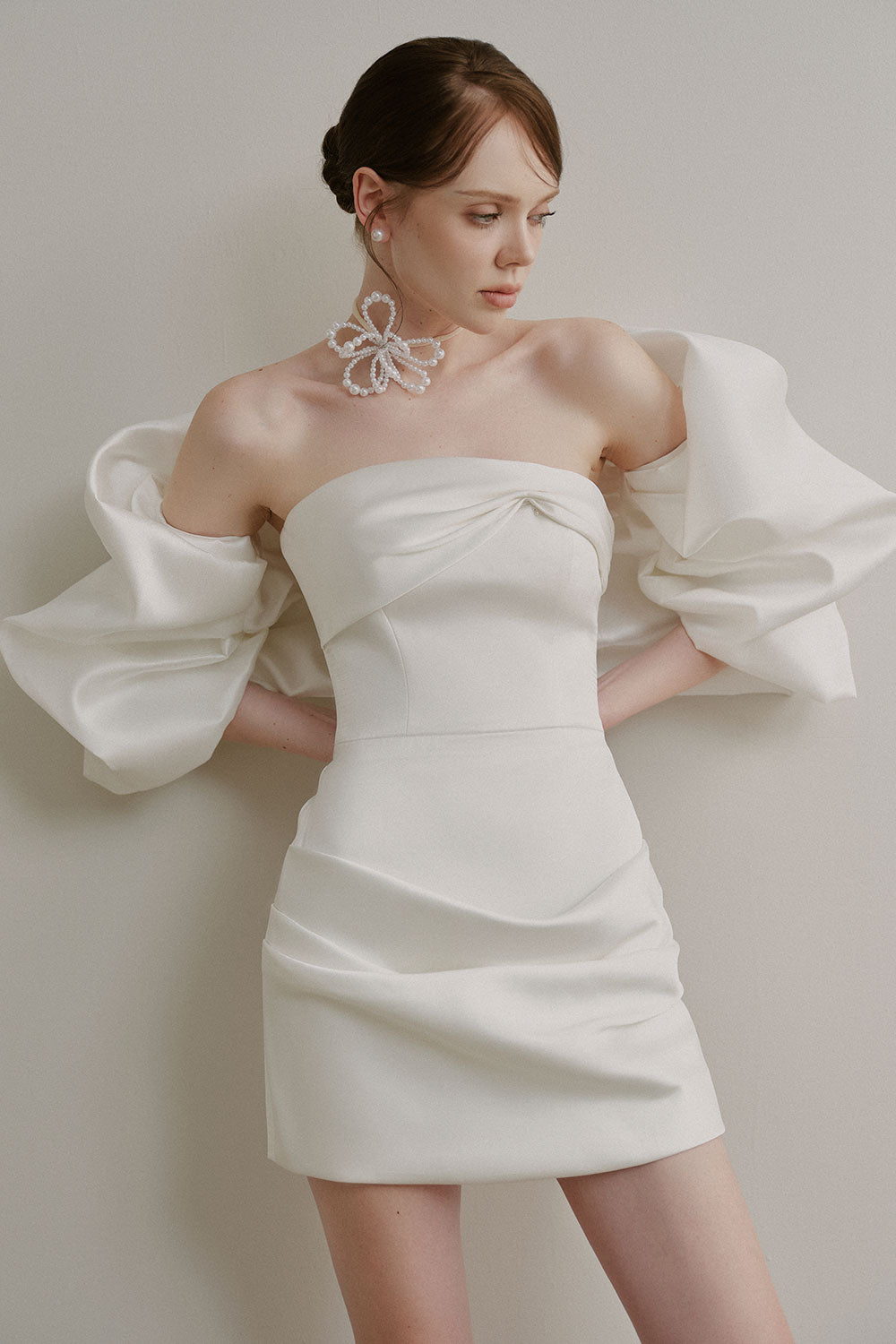 Women's Melanie A-line Open Shoulder Duchess Satin Mini Dress S/M/L/Customize Off White MEAN BLVD Off White / L Women's Melanie A-line Open Shoulder Duchess Satin Mini Dress S/M/L/Customize Off White MEAN BLVD Off White / L