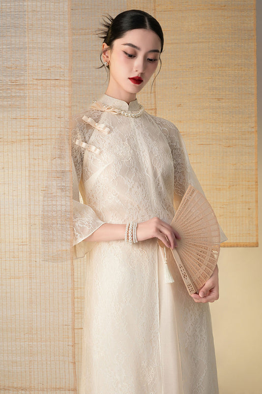 Thien Hoa A-line Flare Sleeved Lace Floor Length Ao Dai