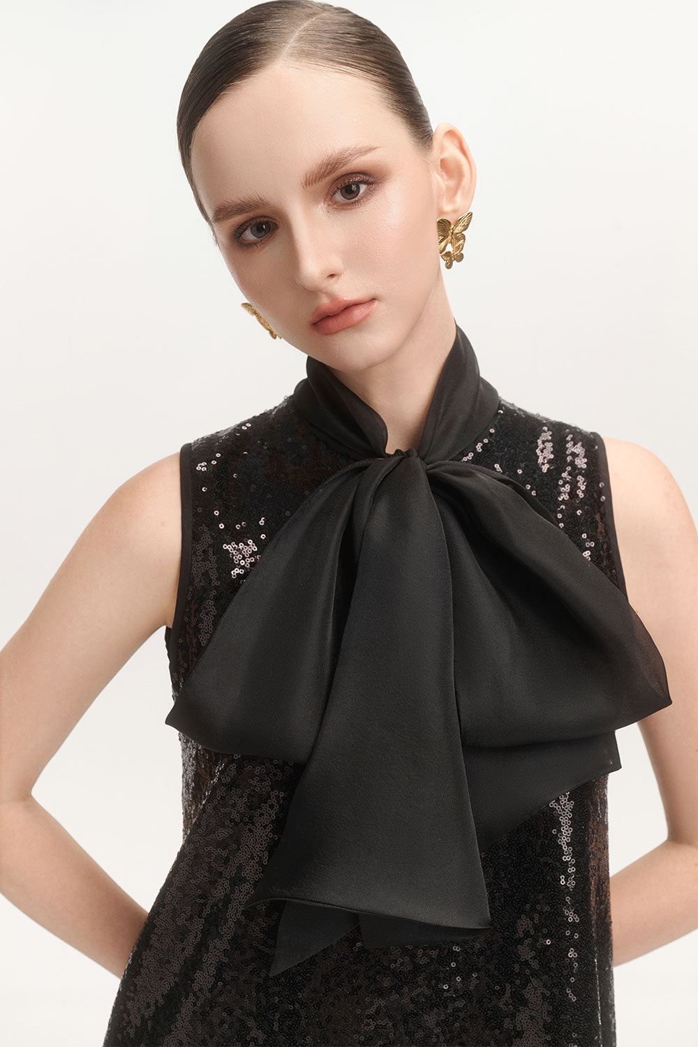 Tiffany Trapezoid Tie Neck Sequin Mini Dress