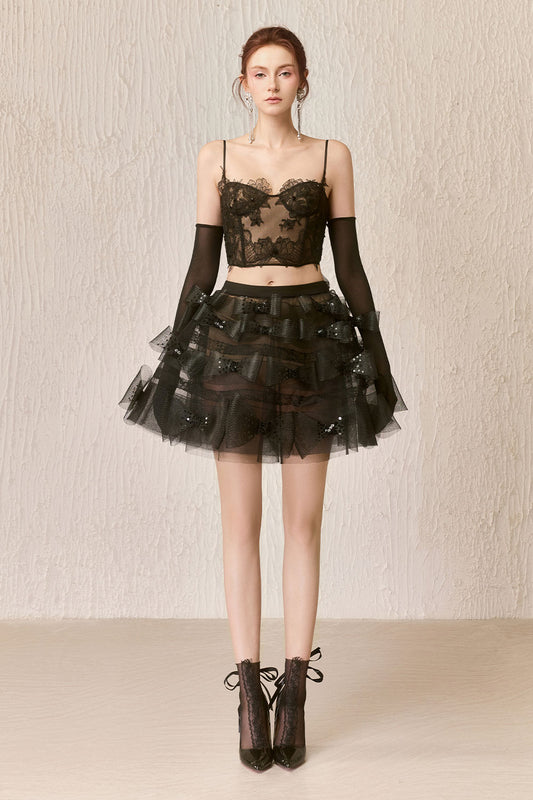 Veil Fit and Flare See-Through Lace Mini Skirt