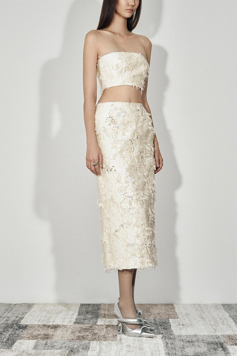 Farley Straight Feather Taffeta Midi Skirt