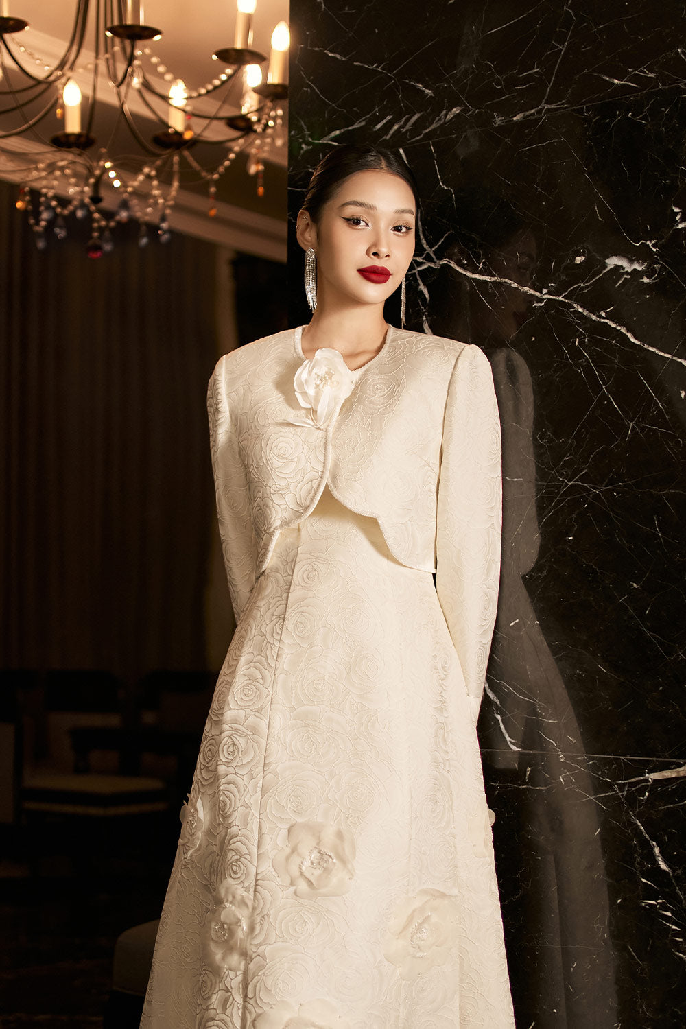 Rosalie A-line Long Sleeved Jacquard Calf Length Set