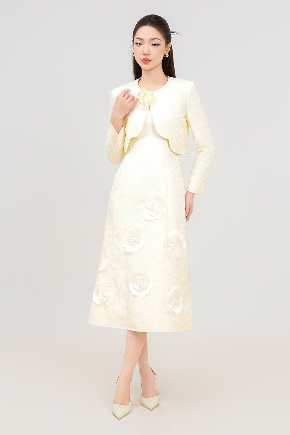 Rosalie A-line Long Sleeved Jacquard Calf Length Set