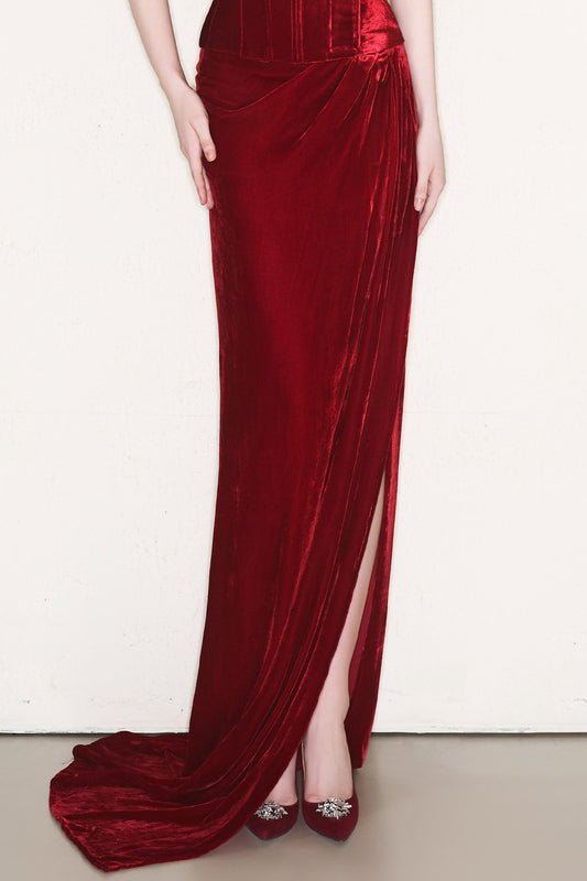 Raphael Slit Draped Velvet Floor Length Skirt