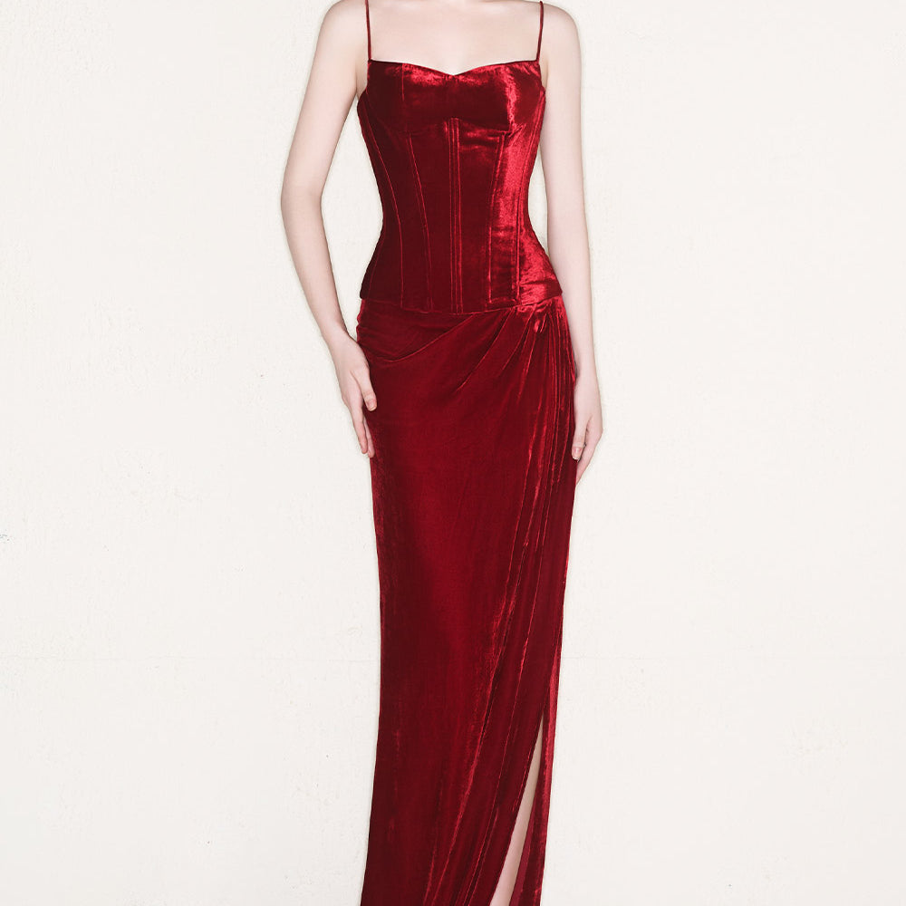 Raphael Slit Draped Velvet Floor Length Skirt
