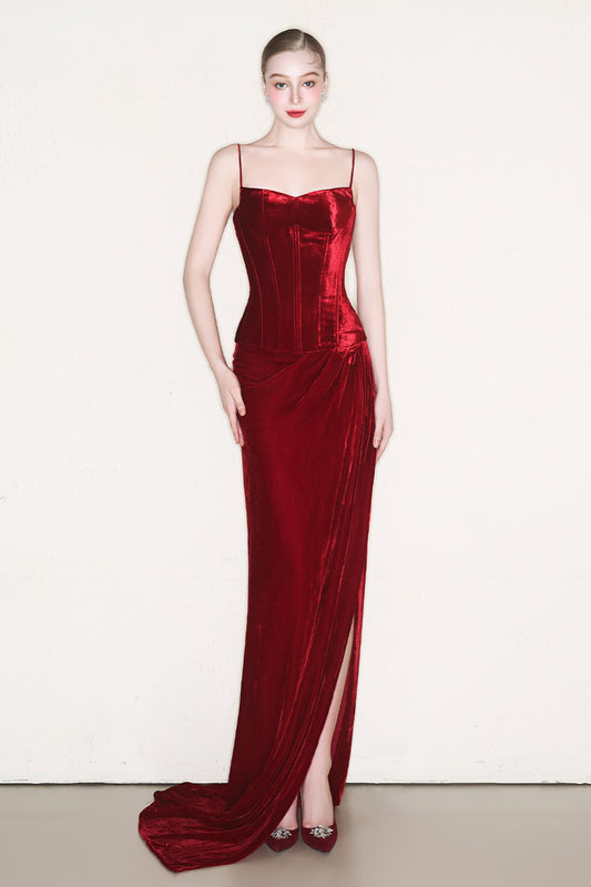 Raphael Slit Draped Velvet Floor Length Skirt