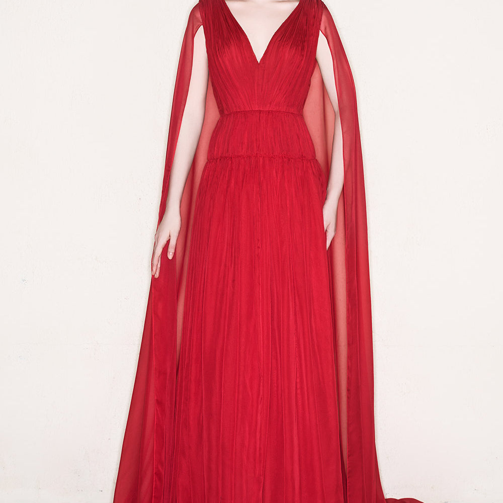 Juliana Gathered Cape Sleeved Chiffon Floor Length Dress