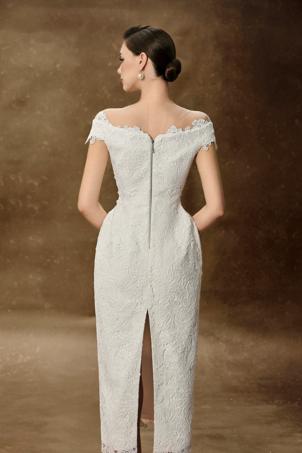 Adelia Pegged Back Slit Lace Midi Dress