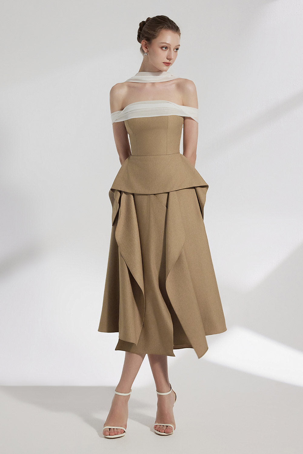 Elle Asymmetric Ruffle Layer Twill Silk Midi Skirt