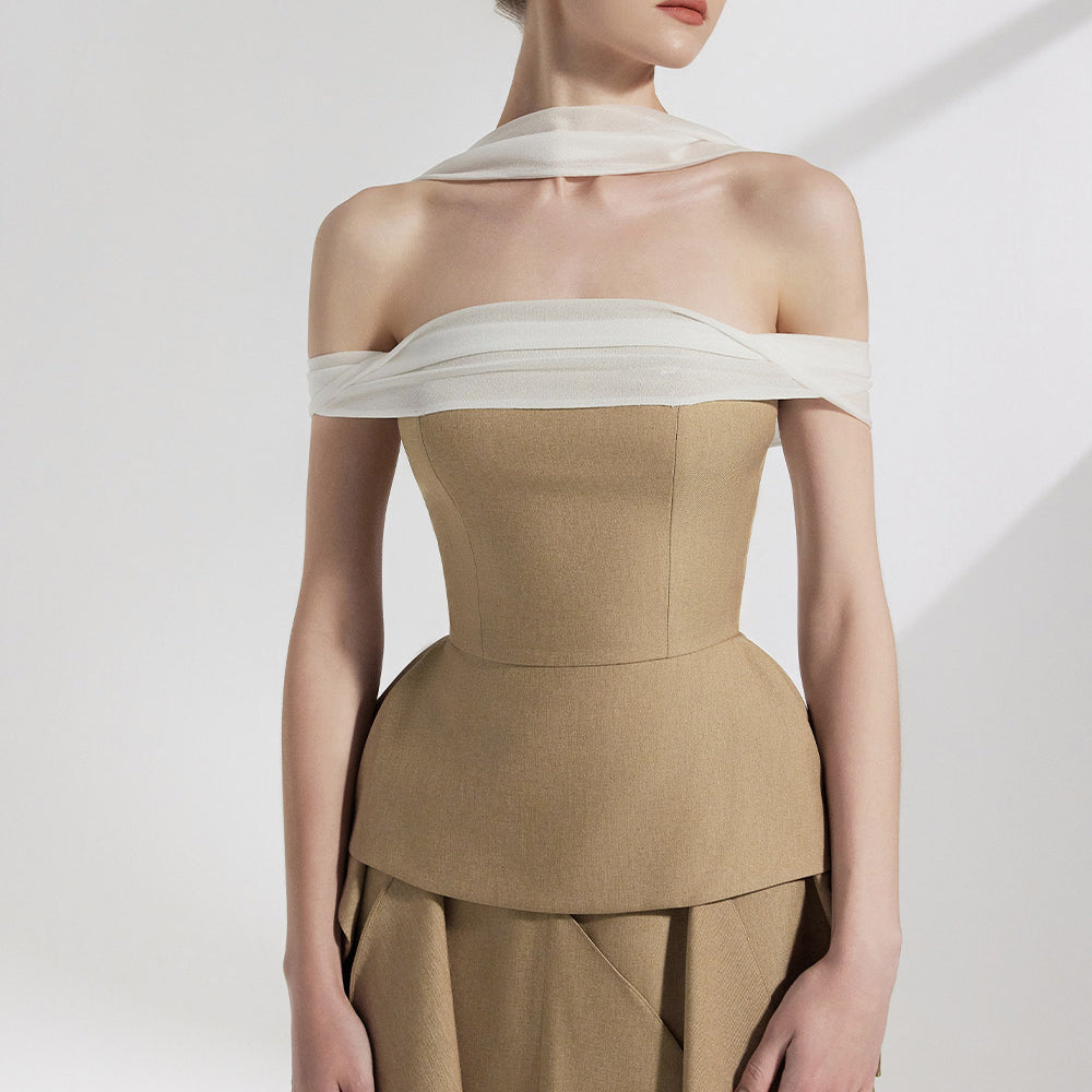 Zyra Peplum Open Shoulder Twill Silk Top