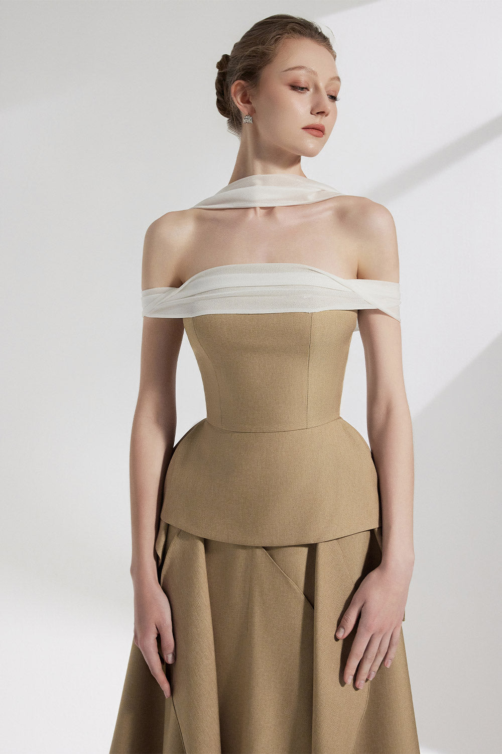 Zyra Peplum Open Shoulder Twill Silk Top