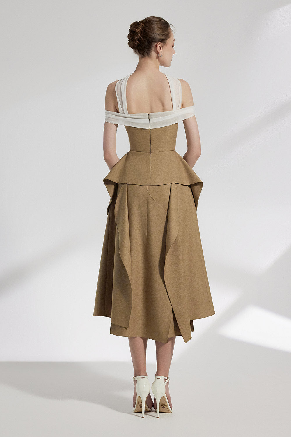 Elle Asymmetric Ruffle Layer Twill Silk Midi Skirt