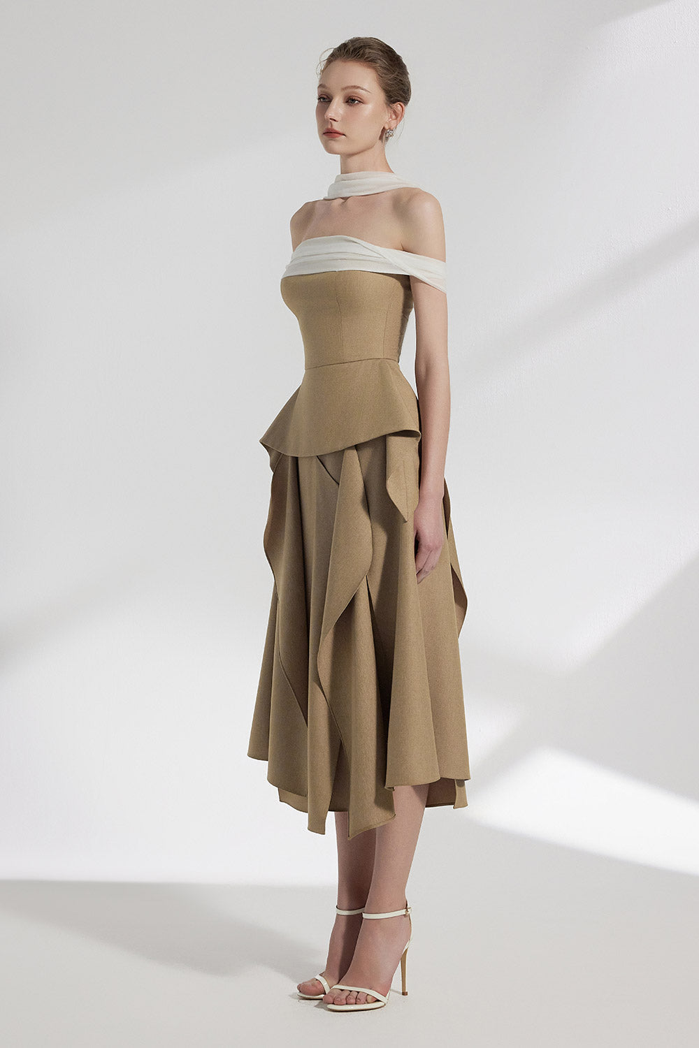 Zyra Peplum Open Shoulder Twill Silk Top