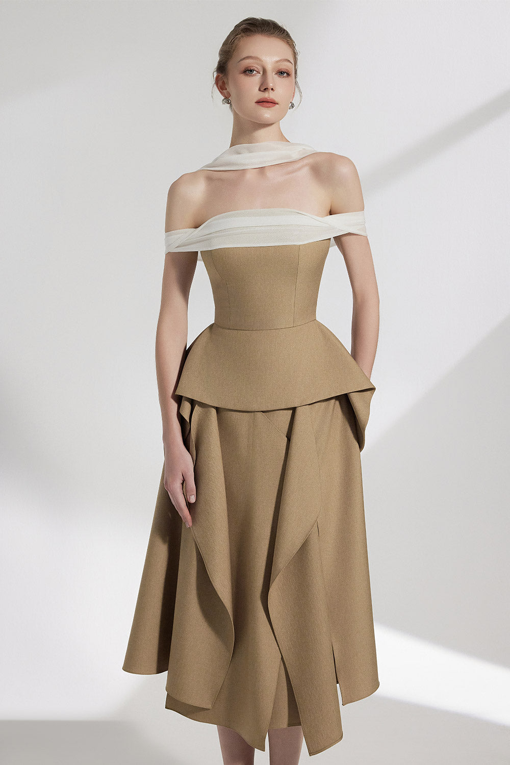 Zyra Peplum Open Shoulder Twill Silk Top