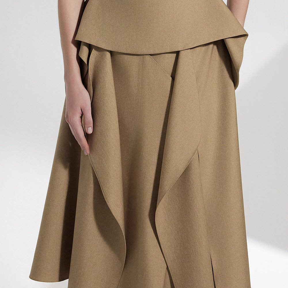 Elle Asymmetric Ruffle Layer Twill Silk Midi Skirt