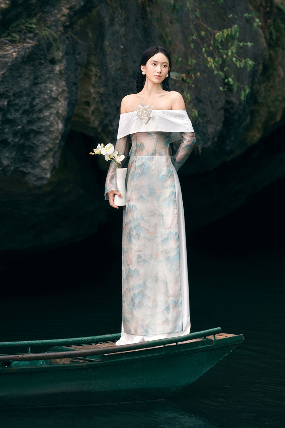 Han Khiet A-line Off-Shoulder Taffeta Floor Length Ao Dai Set