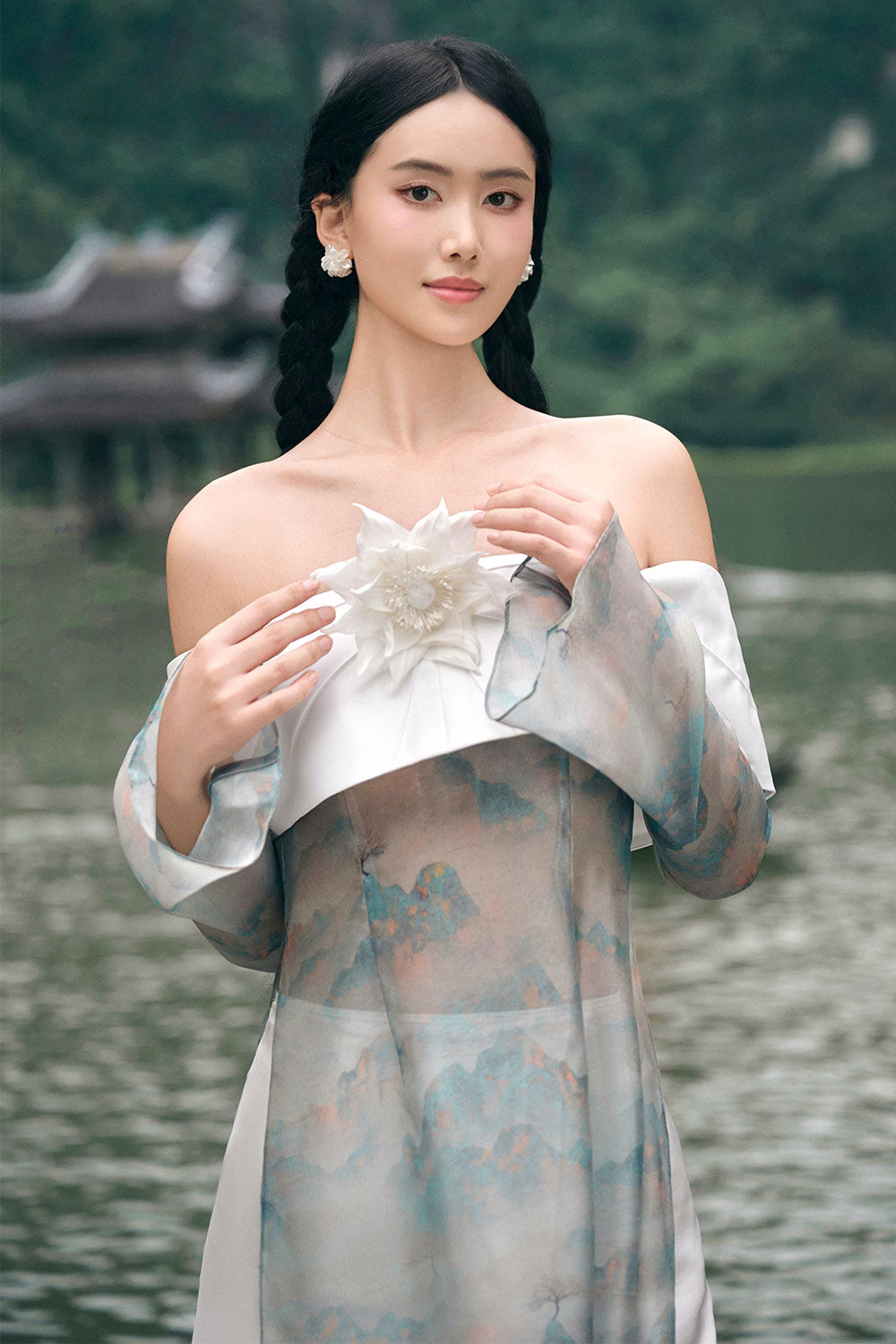 Han Khiet A-line Off-Shoulder Taffeta Floor Length Ao Dai Set