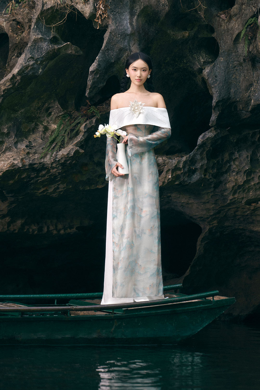 Han Khiet A-line Off-Shoulder Taffeta Floor Length Ao Dai Set