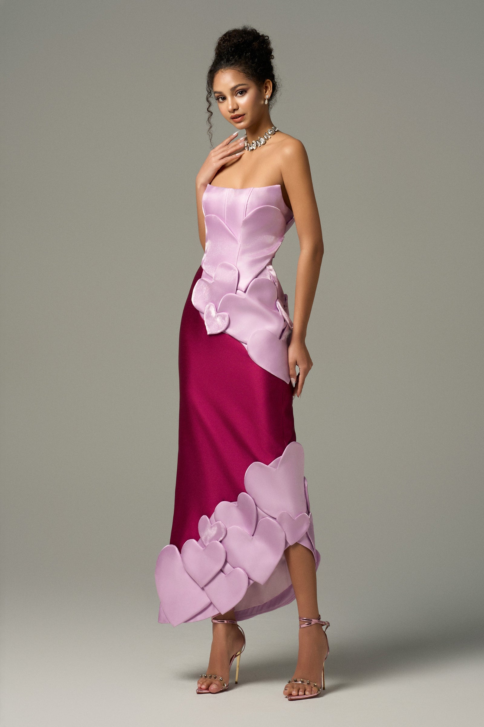 Darling Color Mix Taffeta Asymmetric Heart Detail Maxi Dress