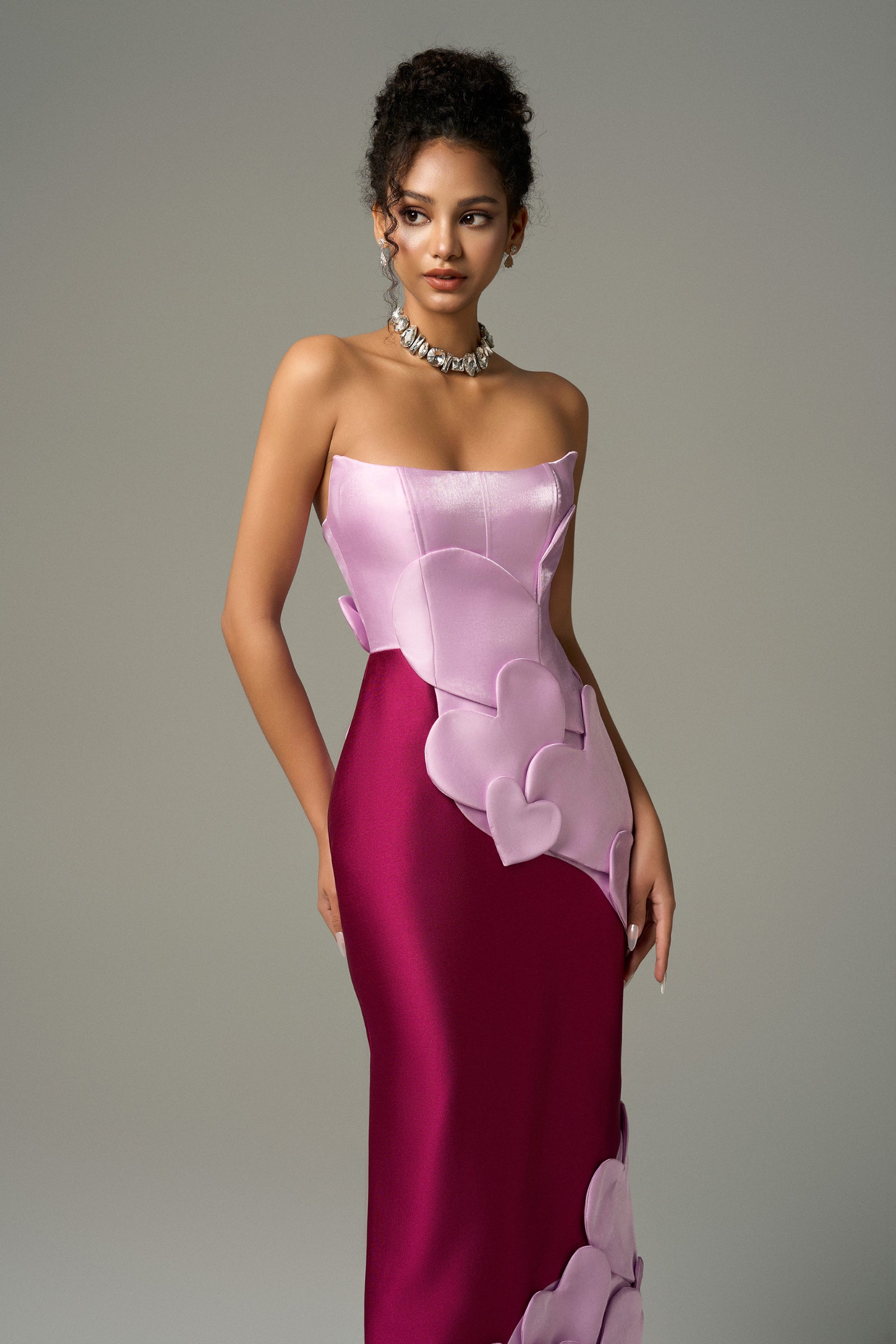 Darling Color Mix Taffeta Asymmetric Heart Detail Maxi Dress