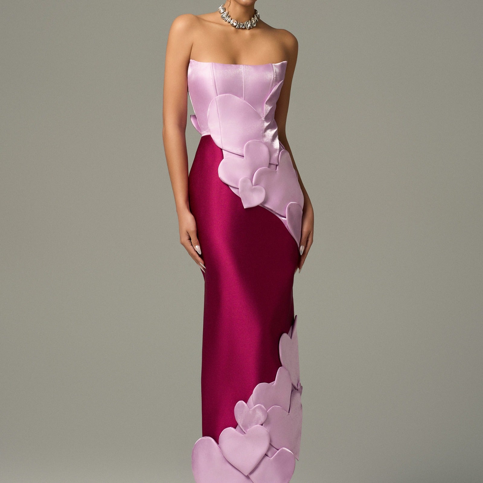 Darling Color Mix Taffeta Asymmetric Heart Detail Maxi Dress