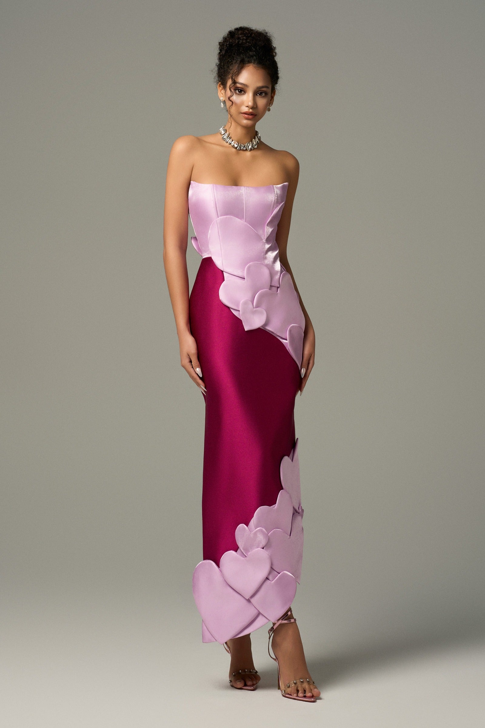 Darling Color Mix Taffeta Asymmetric Heart Detail Maxi Dress